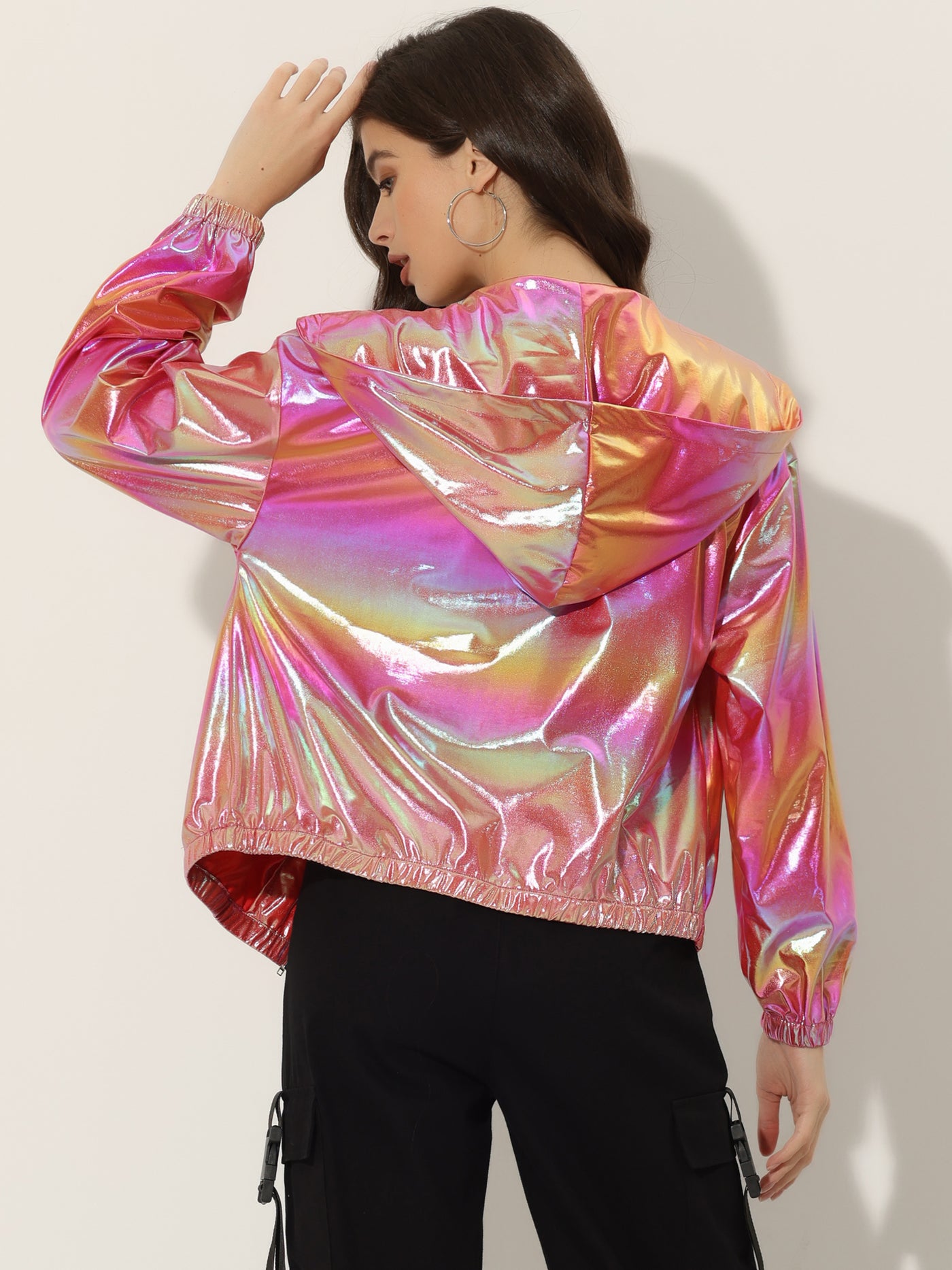 Allegra K Holographic Party Shiny Lightweight Zipper Hooded Metallic Jacket