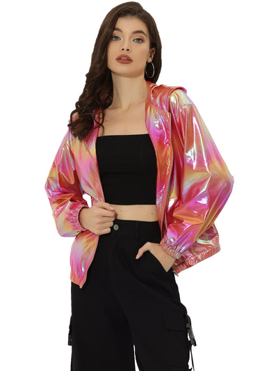 Holographic Party Shiny Lightweight Zipper Hooded Metallic Jacket