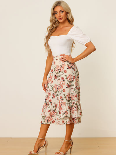 Printed Chiffon Elastic Waist Ruffle Tiered Flowy Midi Skirt