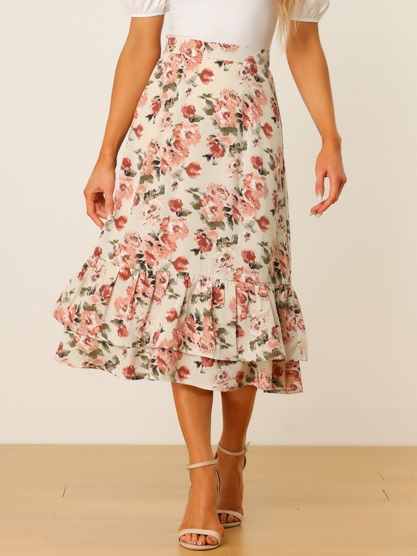 Allegra K Printed Chiffon Elastic Waist Ruffle Tiered Flowy Midi Skirt