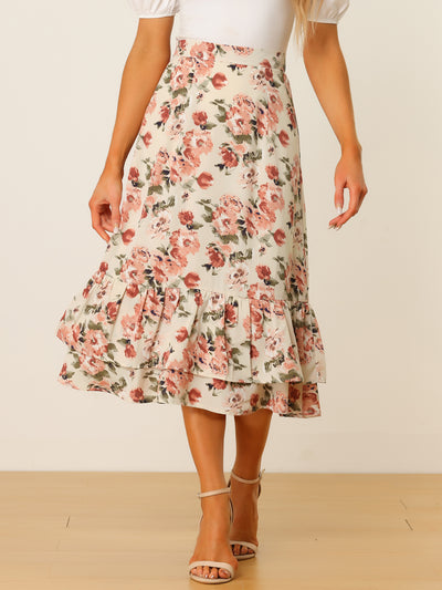 Printed Chiffon Elastic Waist Ruffle Tiered Flowy Midi Skirt