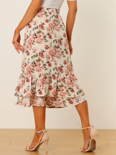 Printed Chiffon Elastic Waist Ruffle Tiered Flowy Midi Skirt