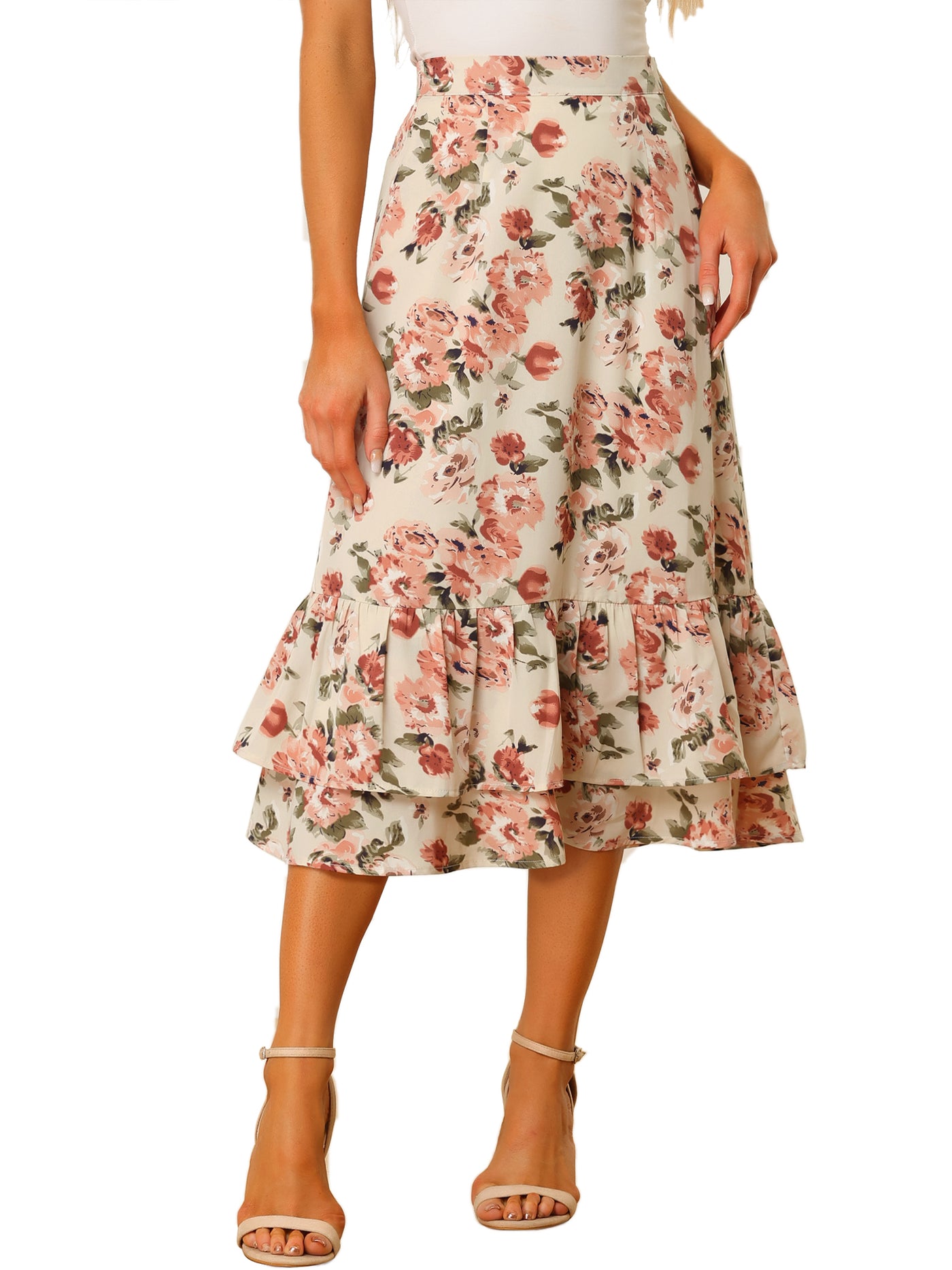 Allegra K Printed Chiffon Elastic Waist Ruffle Tiered Flowy Midi Skirt