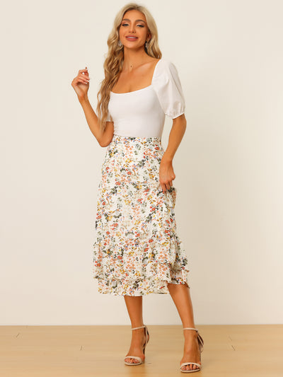 Printed Chiffon Elastic Waist Ruffle Tiered Flowy Midi Skirt