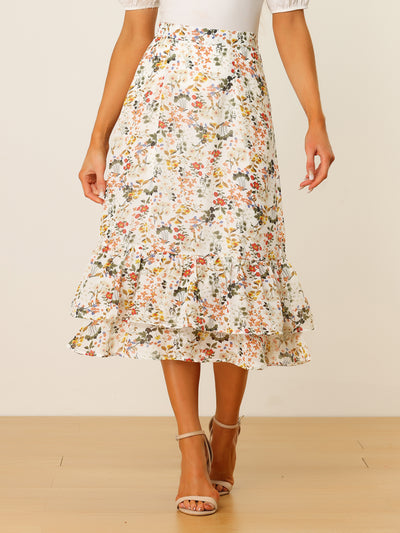 Printed Chiffon Elastic Waist Ruffle Tiered Flowy Midi Skirt