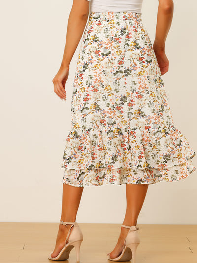 Printed Chiffon Elastic Waist Ruffle Tiered Flowy Midi Skirt