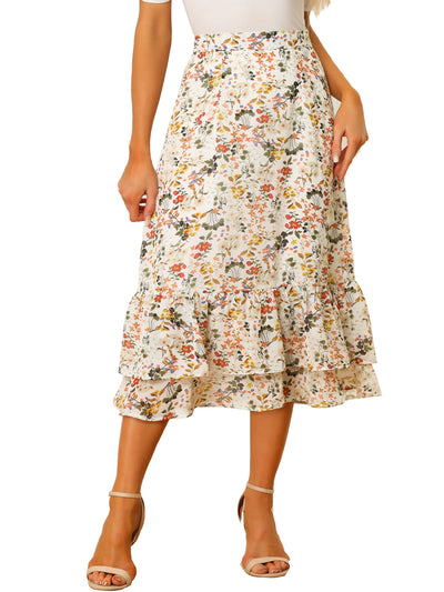 Printed Chiffon Elastic Waist Ruffle Tiered Flowy Midi Skirt