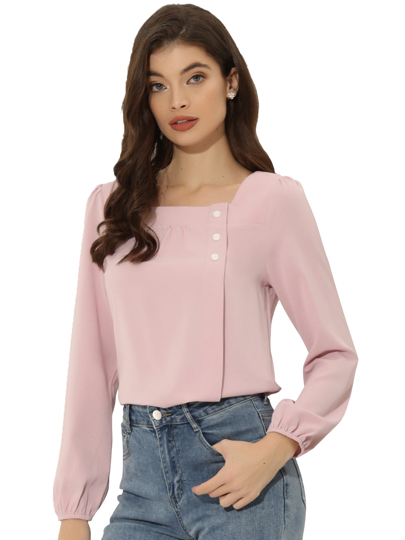 Allegra K Long Sleeve Casual Solid Square Neck Top