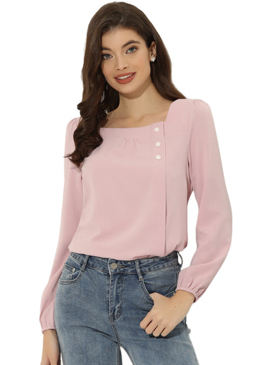 Long Sleeve Casual Solid Square Neck Top