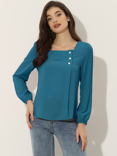 Long Sleeve Casual Solid Square Neck Top