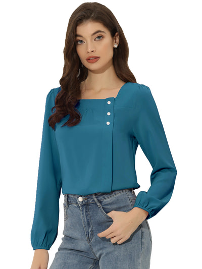 Long Sleeve Casual Solid Square Neck Top