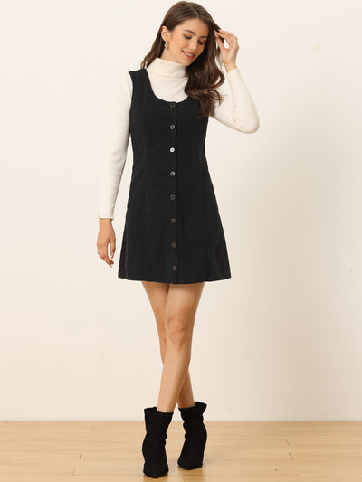 Corduroy Overall Scoop Neck Sleeveless Button Pinefore Dress