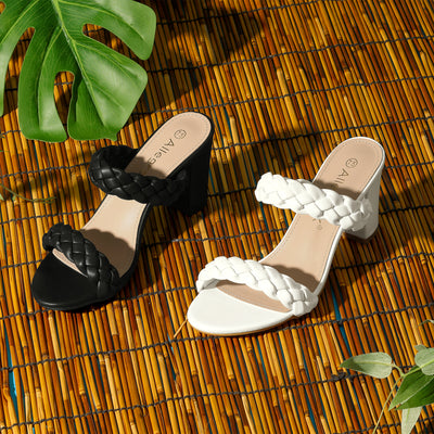 Elegant Open Toe Slip On Braided Chunky Heel Slide Sandals