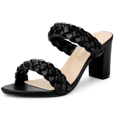 Elegant Open Toe Slip On Braided Chunky Heel Slide Sandals