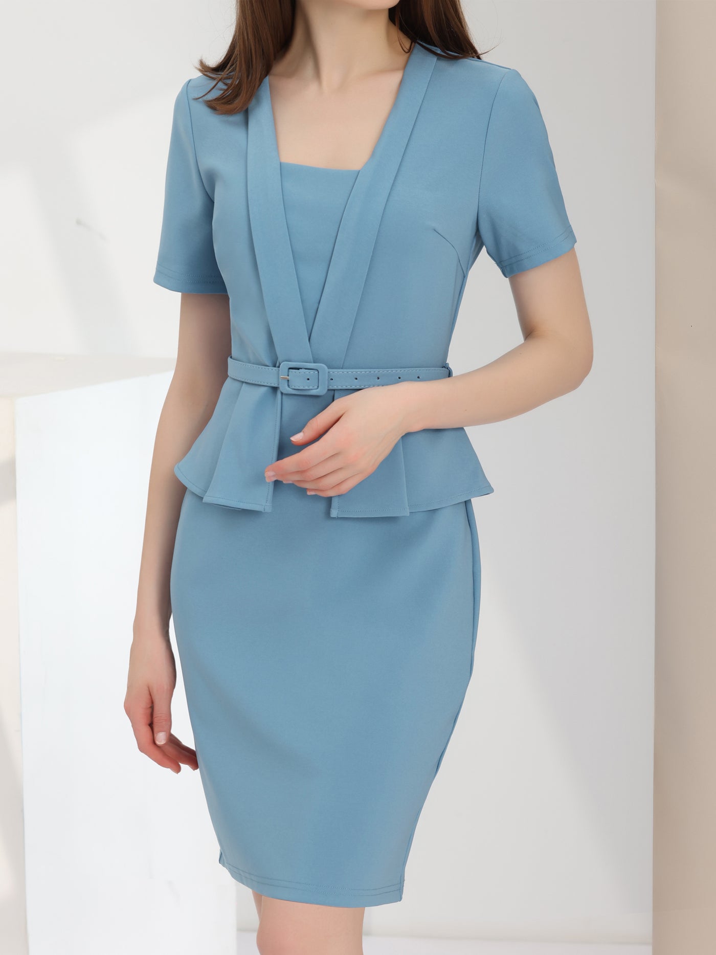 Allegra K Vintage Belt V-Neck Faux Two Piece Casual Short Sleeve Office Dress