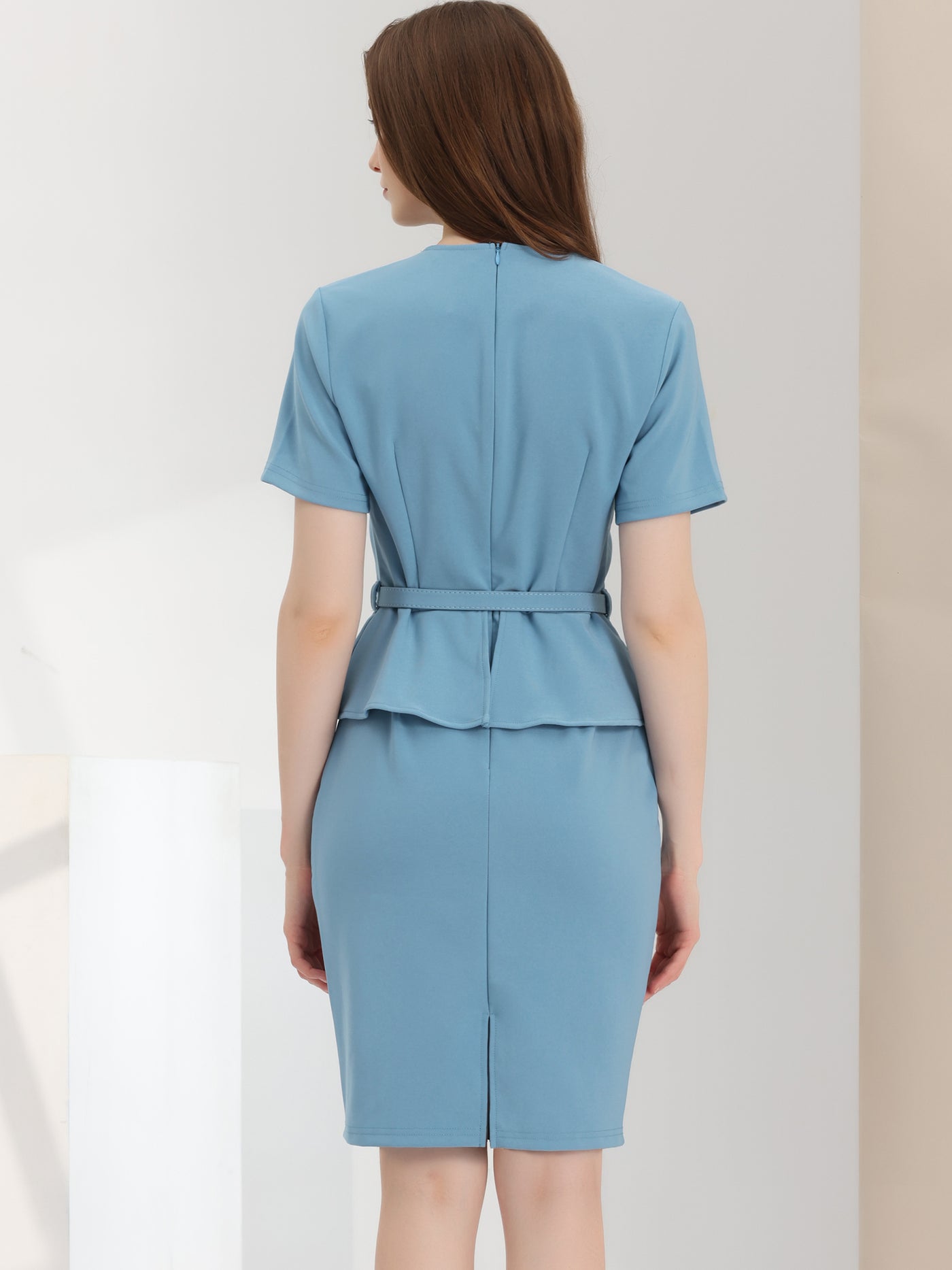 Allegra K Vintage Belt V-Neck Faux Two Piece Casual Short Sleeve Office Dress