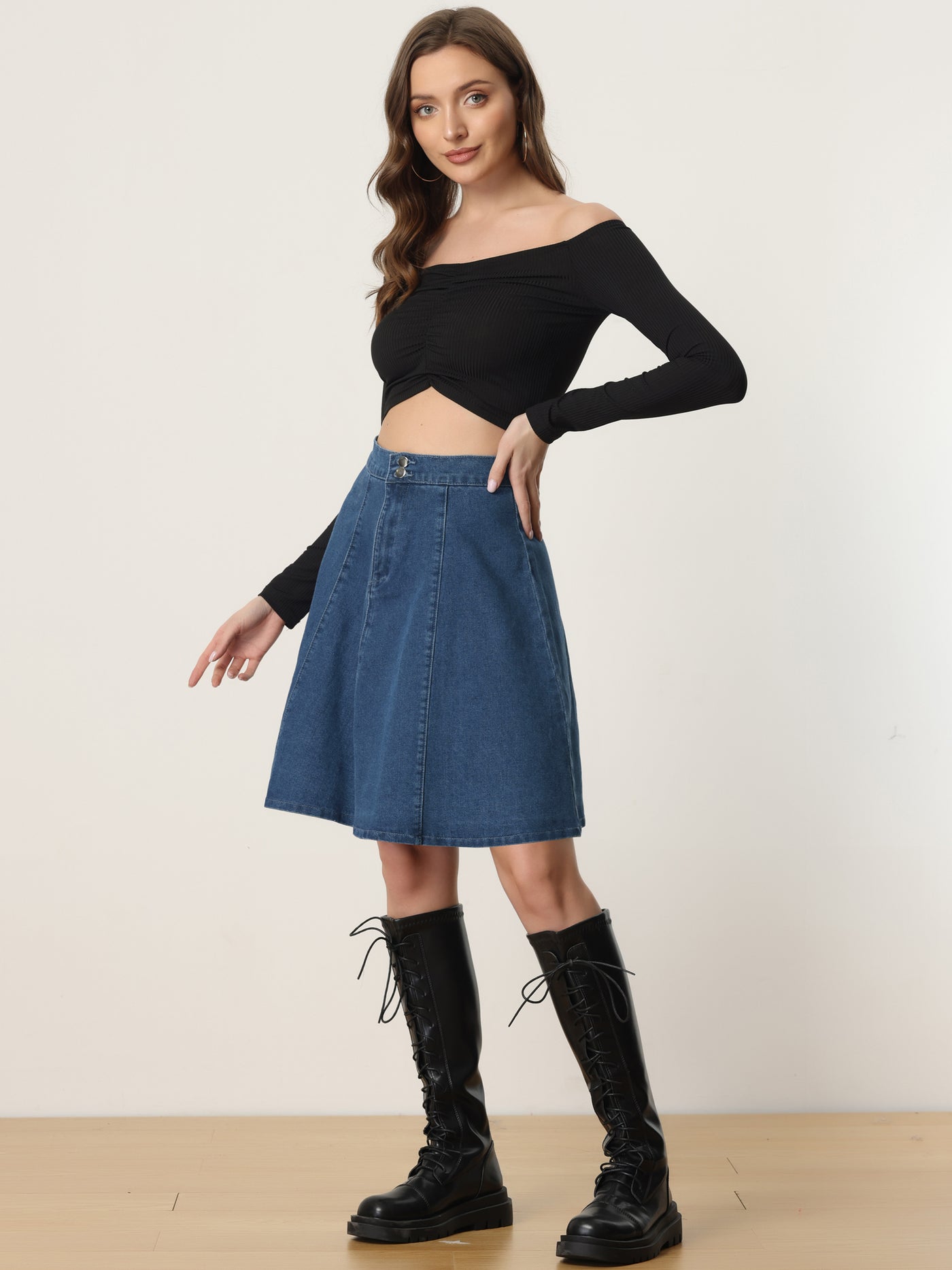 Allegra K High Waisted A-Line Flared Casual Denim Midi Skirt