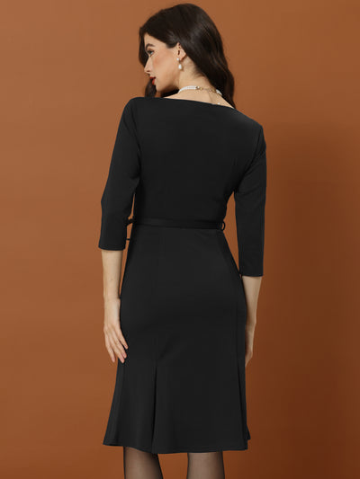 Business Elegant Boat Neck Half Sleeve Pleated Midi Solid Dress