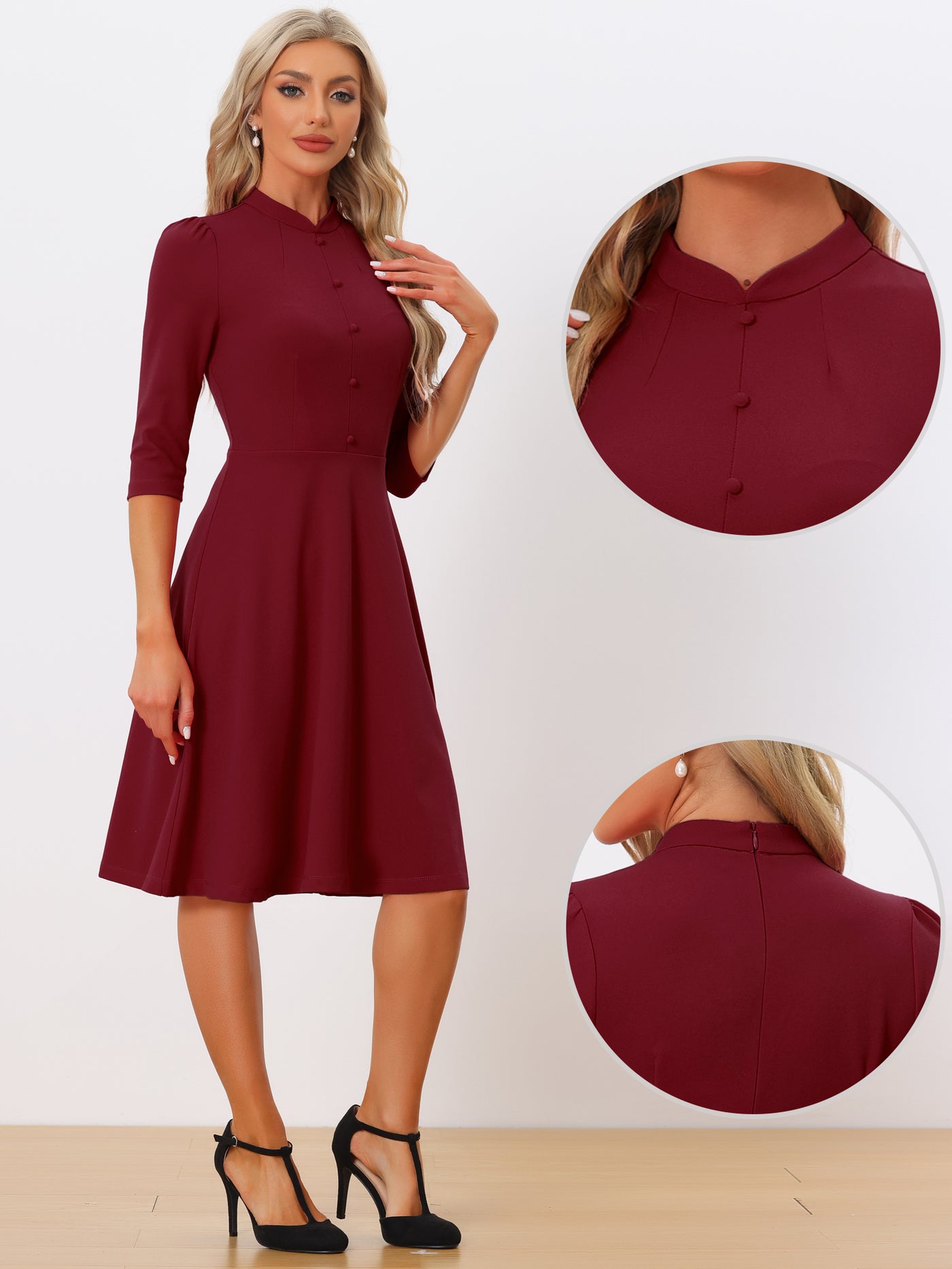 Allegra K Retro 3/4 Sleeve Stand Collar Office Work Elegant A-Line Dress