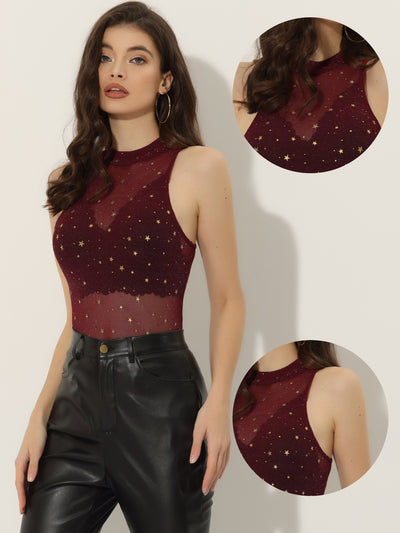 Star Mesh Metallic Mock Neck Sleeveless See Through Tank Top