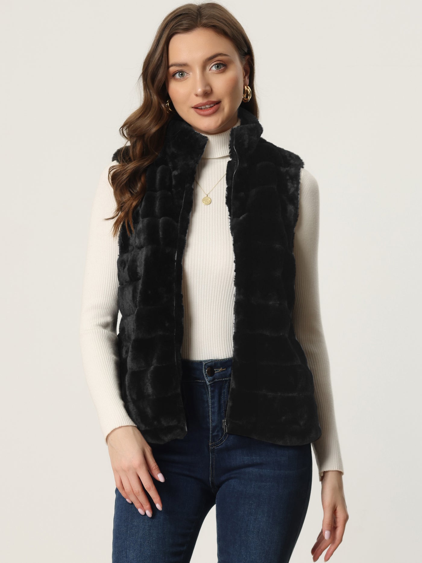 Allegra K Fluffy Vest Jacket Stand Collar Sleeveless Faux Fur Coat