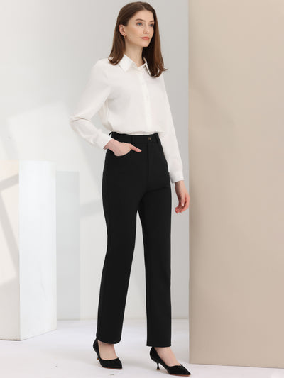 Allegra K High Stretch Pants Straight Leg Work Office Casual Trousers