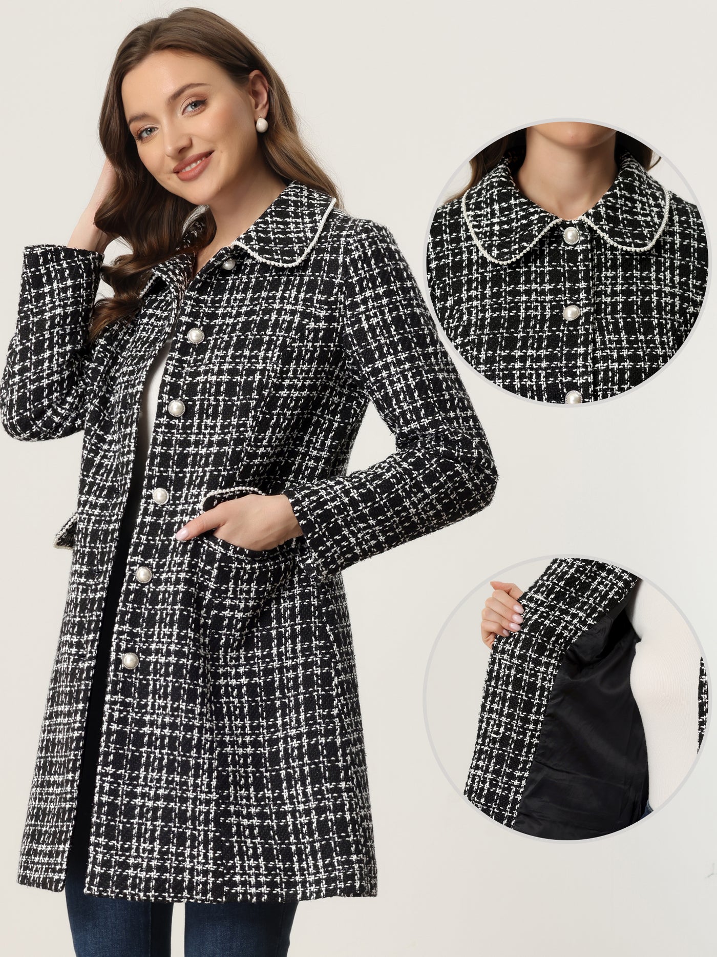 Allegra K Doll Collar Plaid Tweed Winter Button Elegant Long Coat