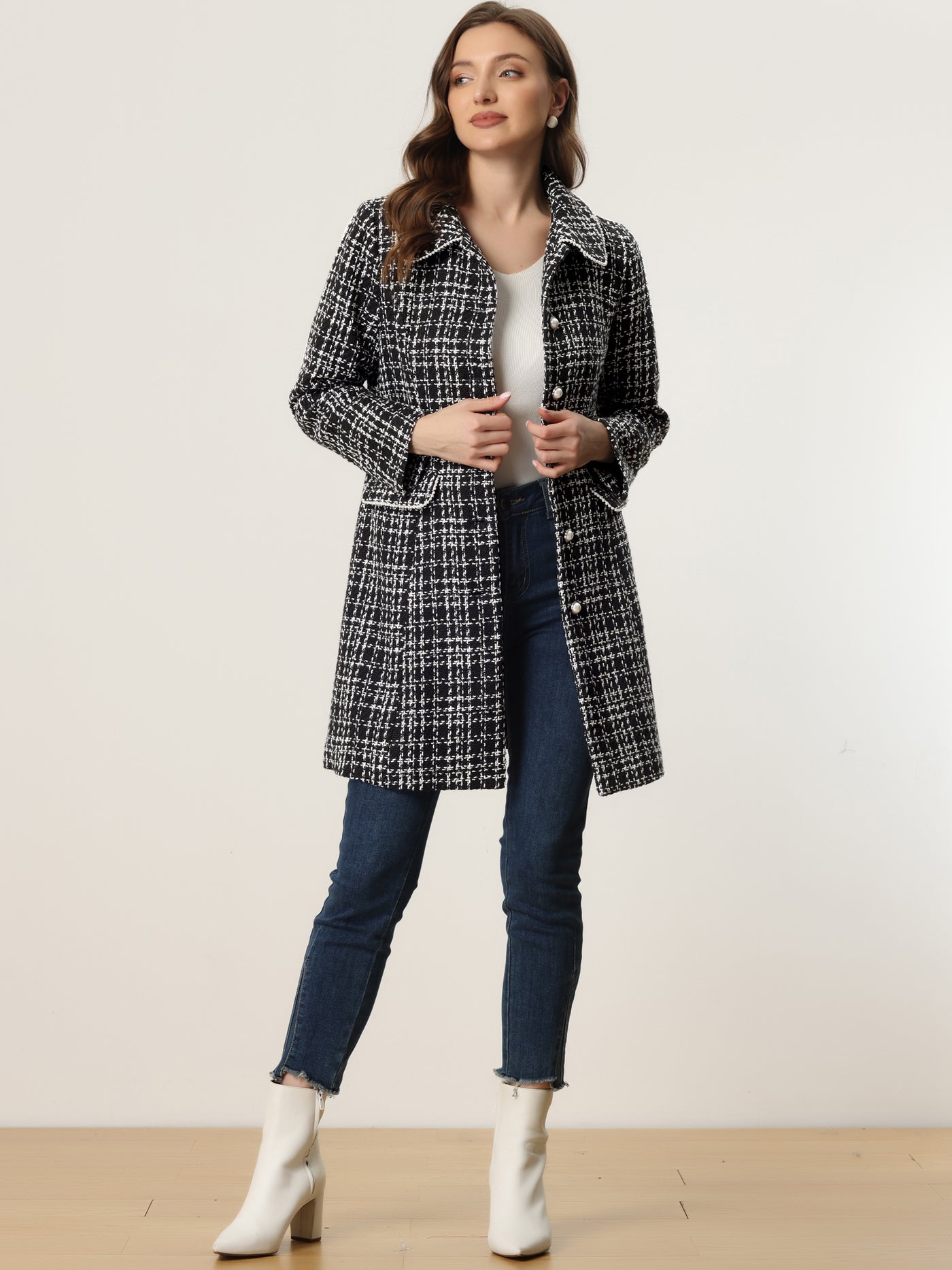 Allegra K Doll Collar Plaid Tweed Winter Button Elegant Long Coat