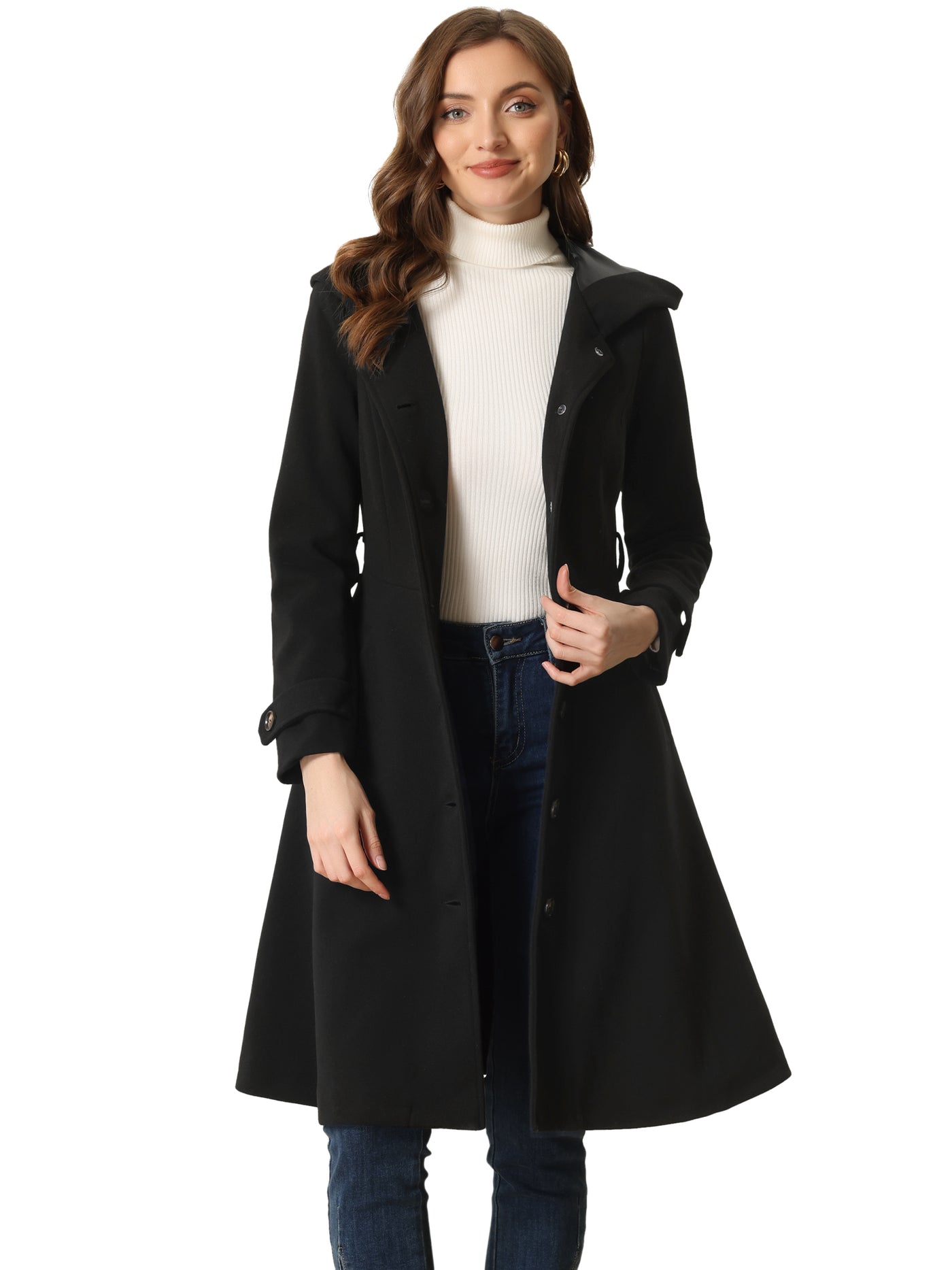 Allegra K Single Breasted Belted Hooded Winter Pockets Coat