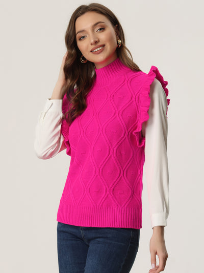 Ruffled Sleeve Mock Neck Casual Cable Knit Pullover Sweater Vest