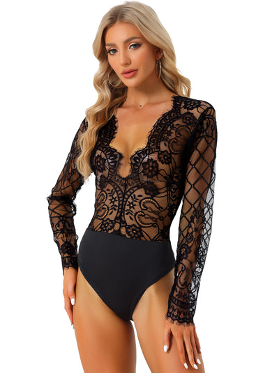 Deep V Neck Lace Sheer Mesh Long Sleeve Bodysuit Clubwear Top