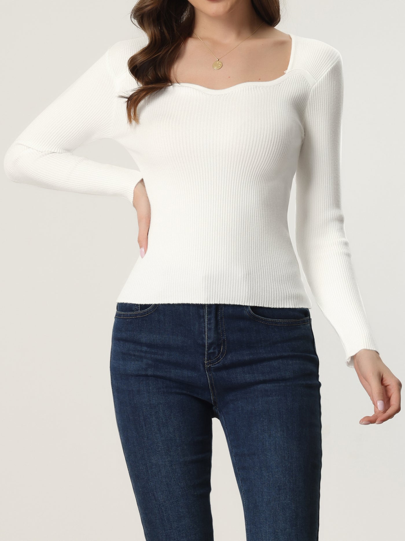 Allegra K Sweetheart Neck Casual Long Sleeve Slim Fit Pullover Sweater