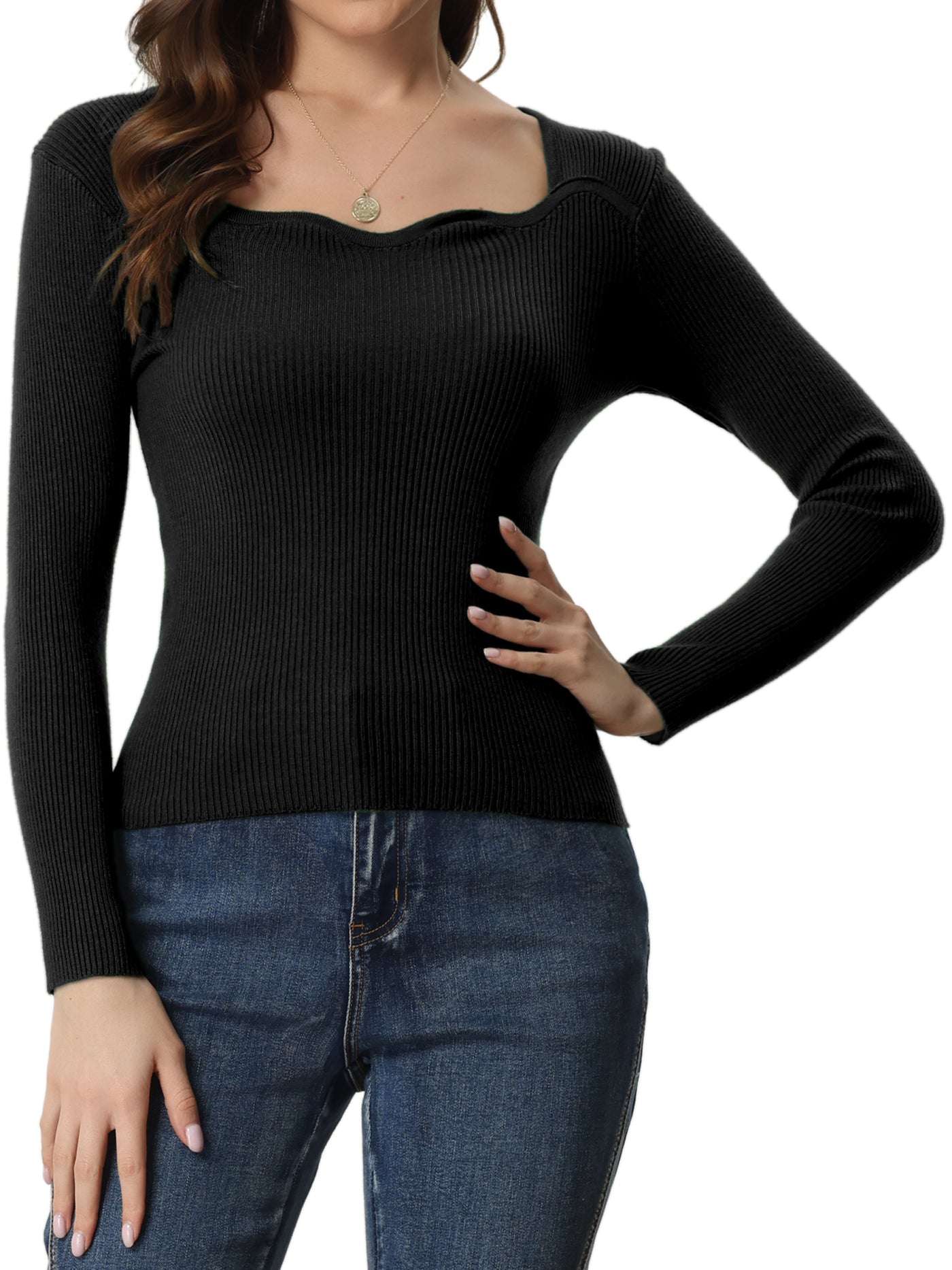 Allegra K Sweetheart Neck Casual Long Sleeve Slim Fit Pullover Sweater