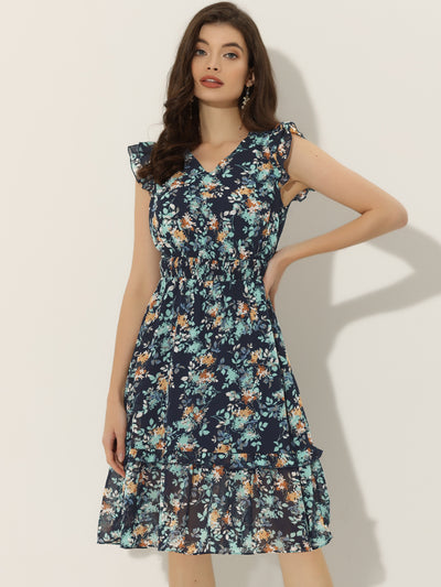 Allegra K Floral Flutter Sleeve V Neck Smocked Ruffle Dress