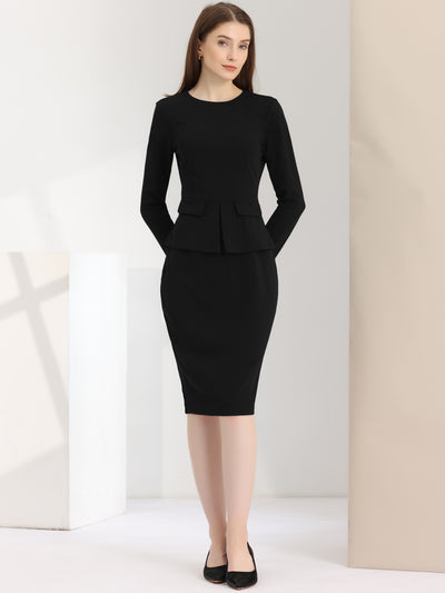 Bodycon Pencil Round Neck Bracelet Sleeve Peplum Office Sheath Dress