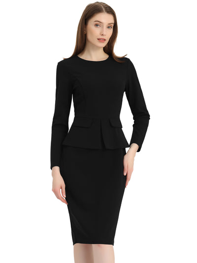 Bodycon Pencil Round Neck Bracelet Sleeve Peplum Office Sheath Dress