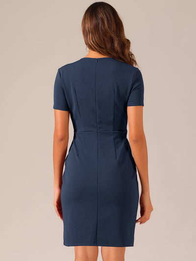 Button Decor Round Neck Short Sleeve Midi Sheath Dress