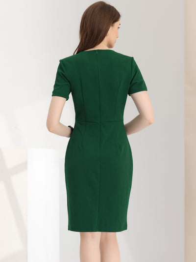 Button Decor Round Neck Short Sleeve Midi Sheath Dress