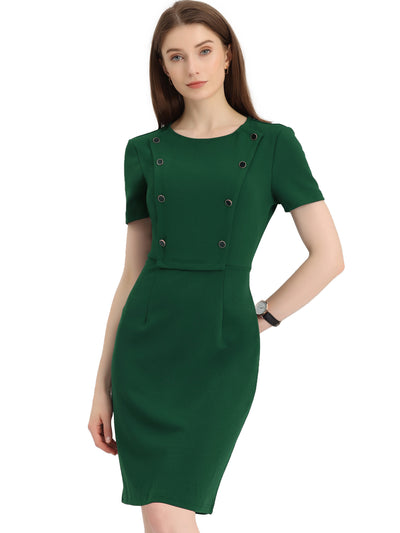 Button Decor Round Neck Short Sleeve Midi Sheath Dress