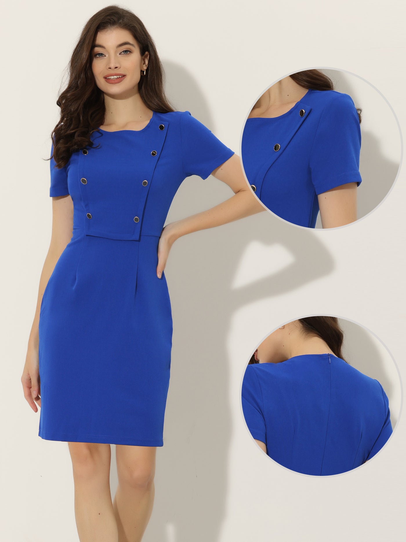 Allegra K Button Decor Round Neck Short Sleeve Midi Sheath Dress