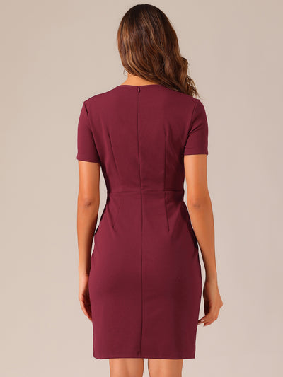 Button Decor Round Neck Short Sleeve Midi Sheath Dress