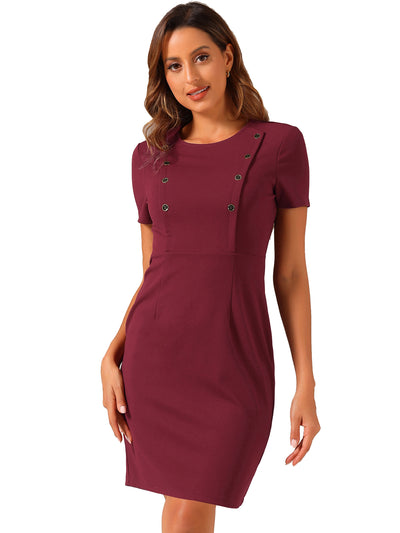 Button Decor Round Neck Short Sleeve Midi Sheath Dress