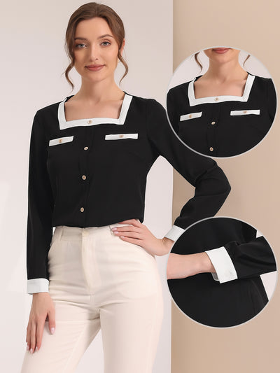 Work Color Block Long Sleeve Career Square Neck Elegant Blouse