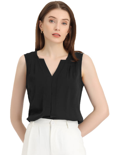 Sleeveless Work Top Pleated Chiffon V Neck Blouse