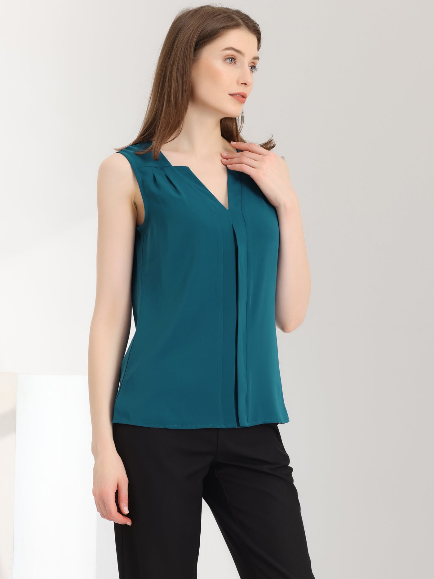 Allegra K Sleeveless Work Top Pleated Chiffon V Neck Blouse