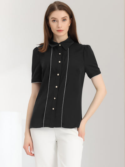 Button Down Shirt Contrast Trim Puff Short Sleeve Blouse