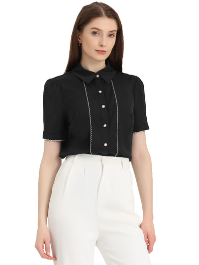 Button Down Shirt Contrast Trim Puff Short Sleeve Blouse