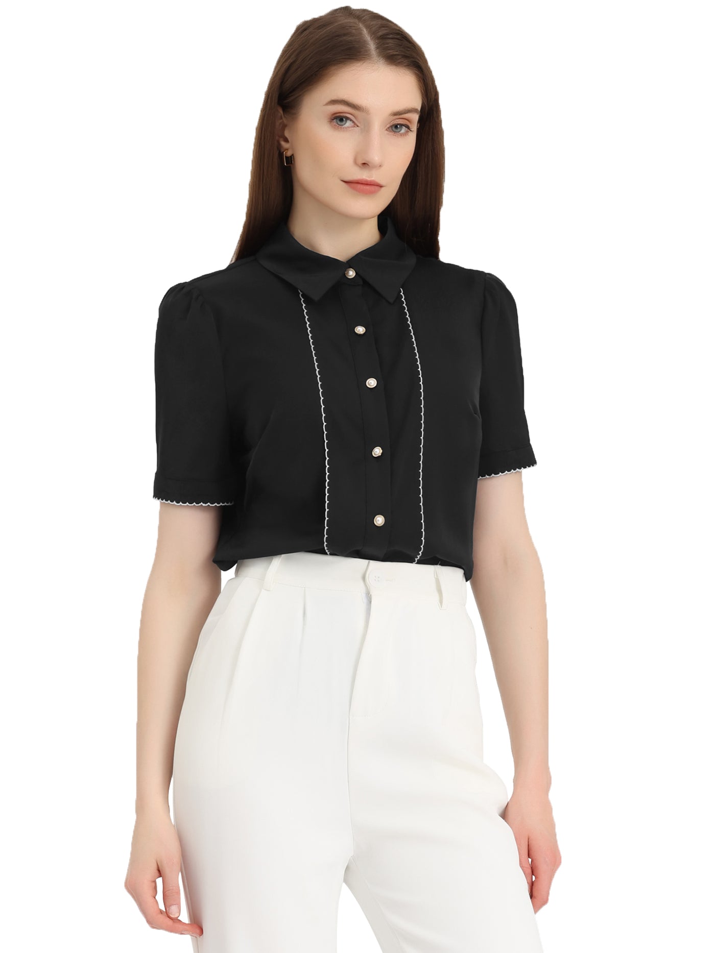 Allegra K Button Down Shirt Contrast Trim Puff Short Sleeve Blouse