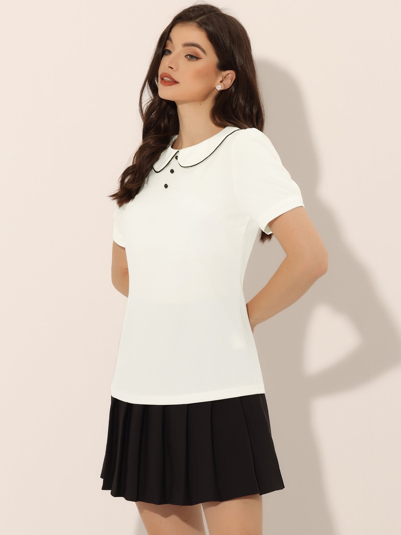 Allegra K Peter Pan Collar Contrast Trim Puff Short Sleeve Summer Blouse Top