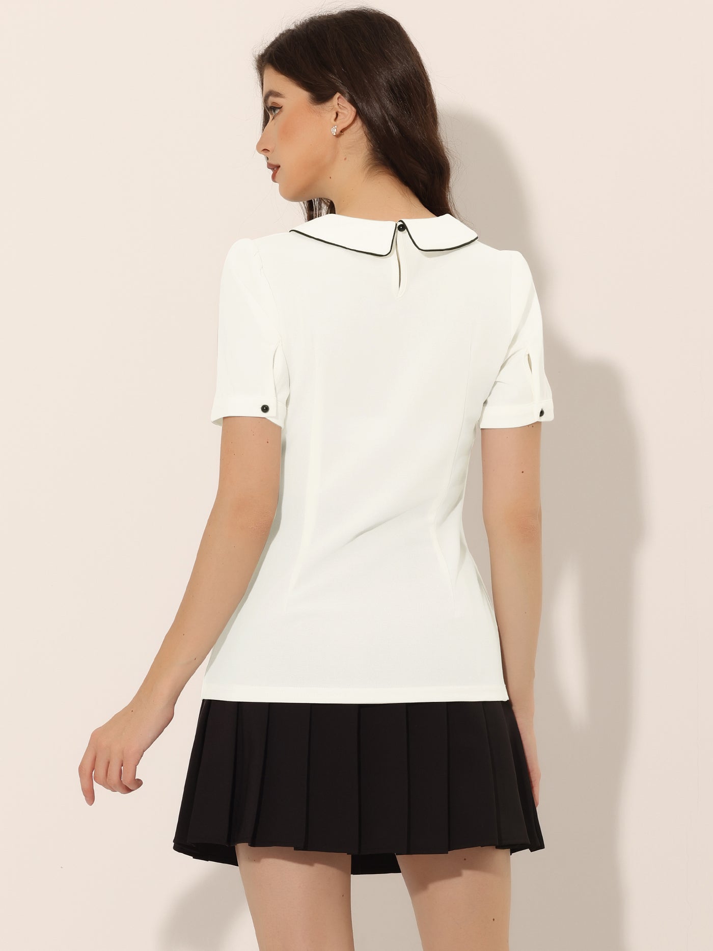 Allegra K Peter Pan Collar Contrast Trim Puff Sleeve Blouse